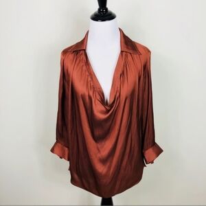 Vince Rust Brown Silky Satin Cowl-Neck Blouse Top Quiet Luxury Viral Y2K New
